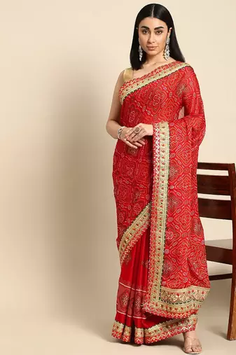 red gotta patti poly georgette bandhani saree
