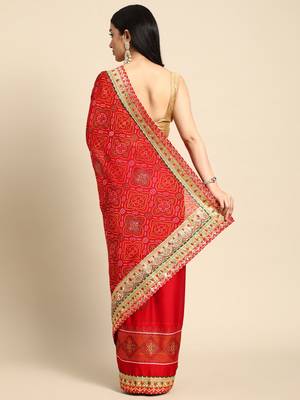 red gotta patti poly georgette bandhani saree 3