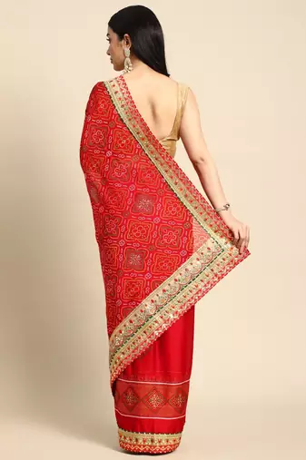 red gotta patti poly georgette bandhani saree
