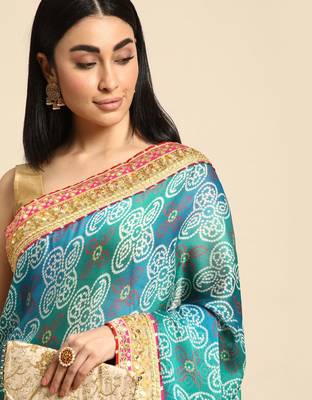 Turquoise gotta patti poly georgette bandhani saree 1
