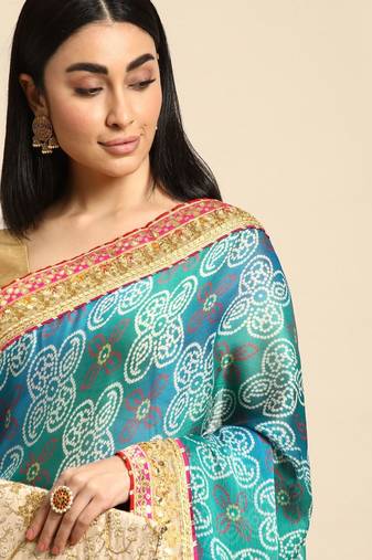 Turquoise gotta patti poly georgette bandhani saree