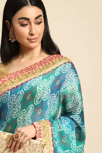 Turquoise gotta patti poly georgette bandhani saree
