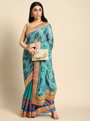 Turquoise gotta patti poly georgette bandhani saree 2