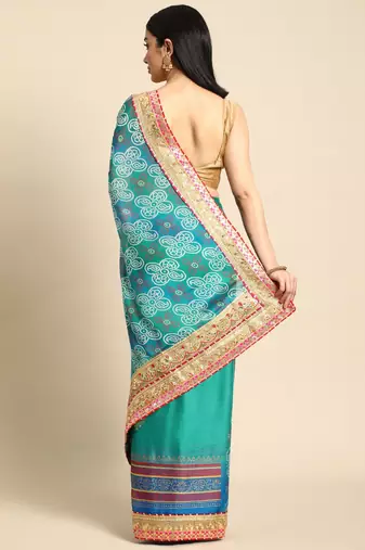 Turquoise gotta patti poly georgette bandhani saree