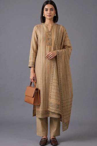 women striped regular chanderi silk kurta with trousers & with dupatta