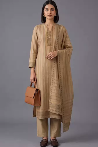 women striped regular chanderi silk kurta with trousers & with dupatta