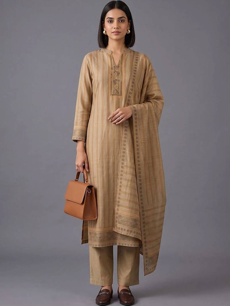 women striped regular chanderi silk kurta with trousers & with dupatta
