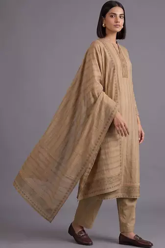 women striped regular chanderi silk kurta with trousers & with dupatta