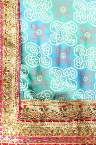 Turquoise gotta patti poly georgette bandhani saree