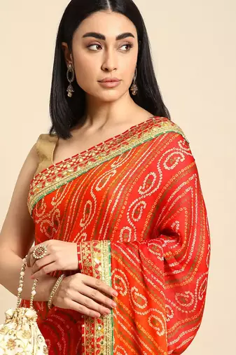 Red gotta patti poly georgette bandhani saree