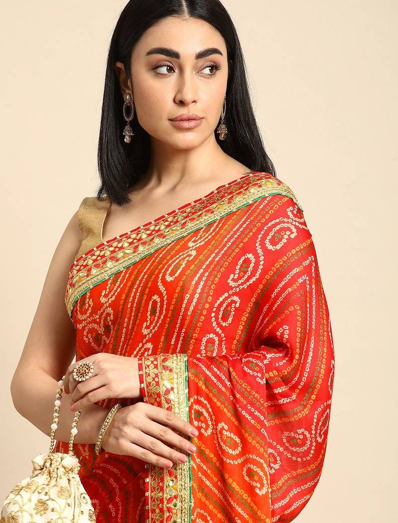Red gotta patti poly georgette bandhani saree