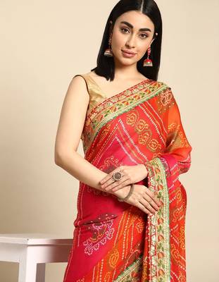red gotta patti poly georgette bandhani saree 1