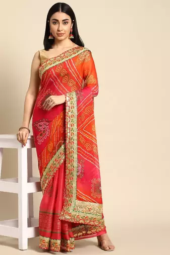 red gotta patti poly georgette bandhani saree