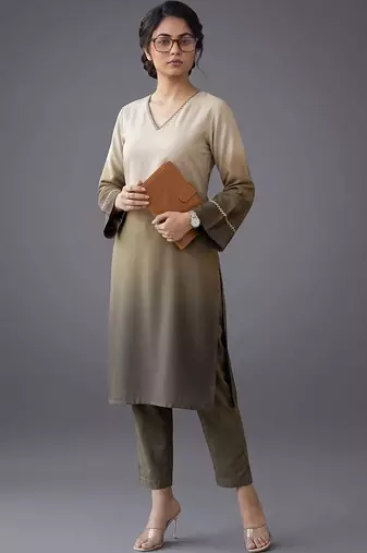 women ombre dyed regular thread work kurta with trousers