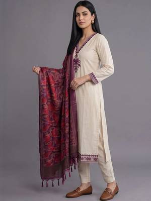 women ethnic motifs embroidered regular thread work kurta with trousers & with dupatta 7
