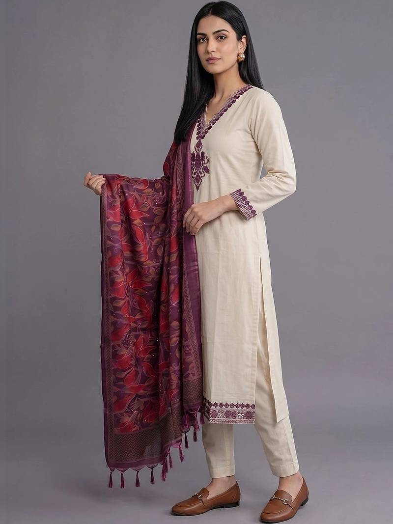 women ethnic motifs embroidered regular thread work kurta with trousers & with dupatta
