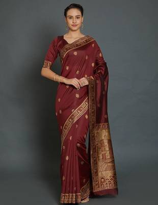Maroon maroon & gold-coloured silk blend woven design banarasi saree 1