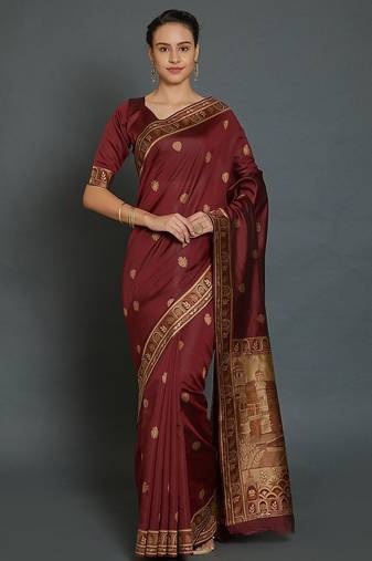 Maroon maroon & gold-coloured silk blend woven design banarasi saree