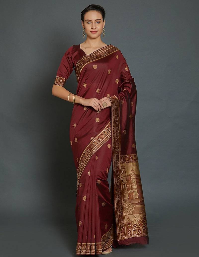 Maroon maroon & gold-coloured silk blend woven design banarasi saree