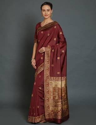Maroon maroon & gold-coloured silk blend woven design banarasi saree 3
