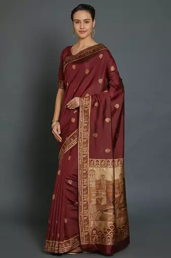 Maroon maroon & gold-coloured silk blend woven design banarasi saree