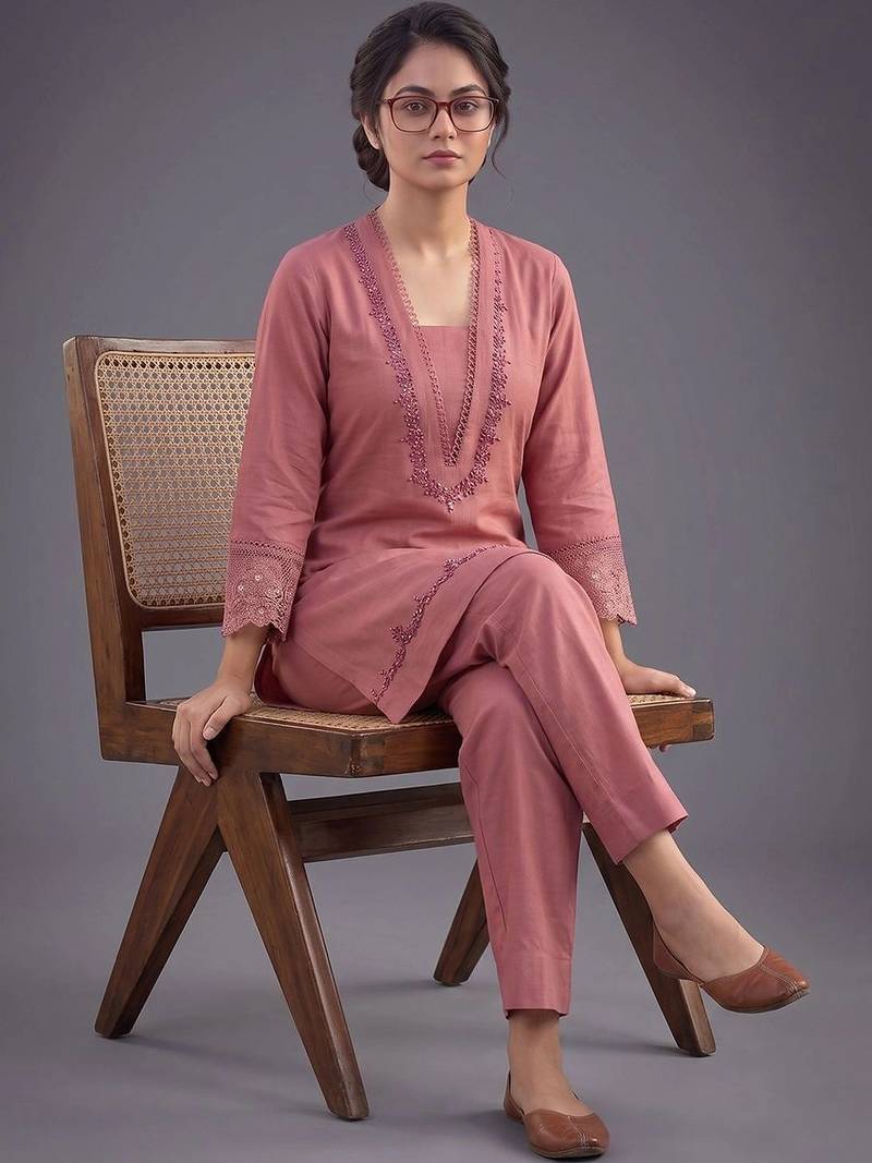 women ethnic motifs embroidered regular thread work kurta with trousers