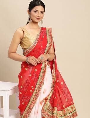 White white & red bandhani gotta patti half and half bandhani saree 1