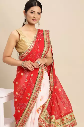 White white & red bandhani gotta patti half and half bandhani saree
