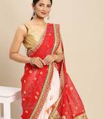White white & red bandhani gotta patti half and half bandhani saree