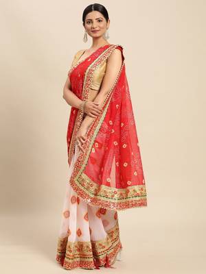 White white & red bandhani gotta patti half and half bandhani saree 2