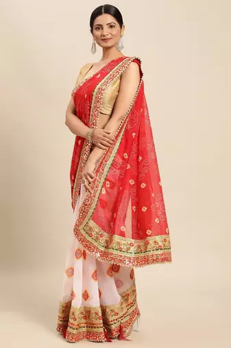 White white & red bandhani gotta patti half and half bandhani saree