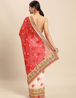 White white & red bandhani gotta patti half and half bandhani saree 3