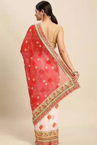 White white & red bandhani gotta patti half and half bandhani saree