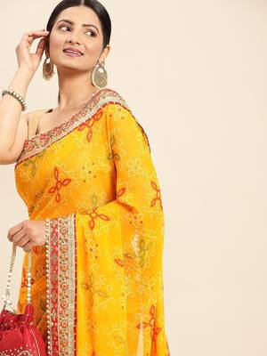 red red & yellow bandhani beads and stones half and half bandhani saree 1
