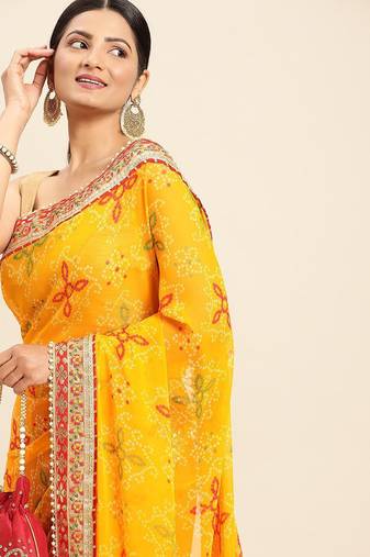 red red & yellow bandhani beads and stones half and half bandhani saree