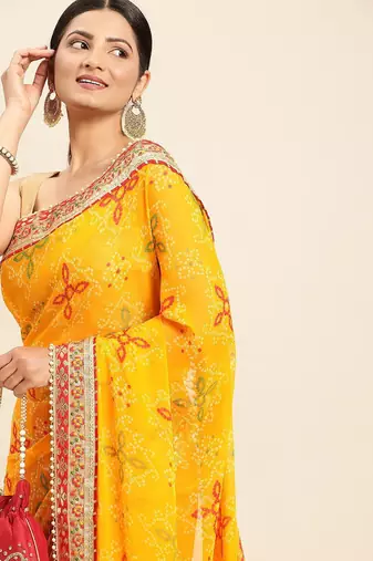 red red & yellow bandhani beads and stones half and half bandhani saree