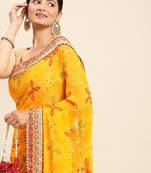 red red & yellow bandhani beads and stones half and half bandhani saree