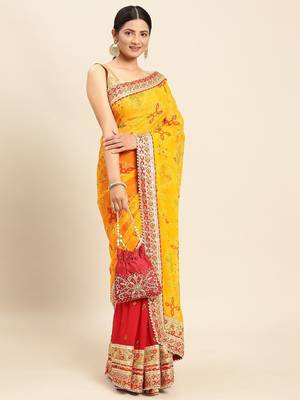 red red & yellow bandhani beads and stones half and half bandhani saree 2