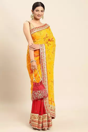 red red & yellow bandhani beads and stones half and half bandhani saree