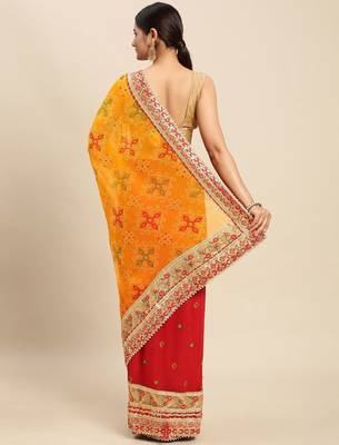 red red & yellow bandhani beads and stones half and half bandhani saree 3