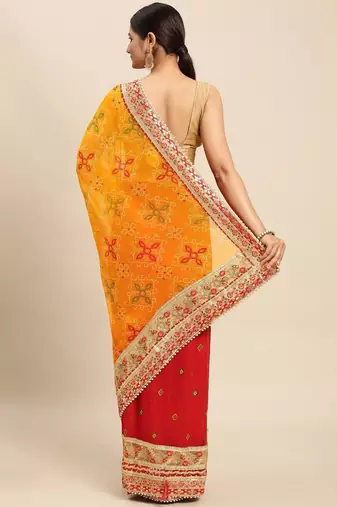 red red & yellow bandhani beads and stones half and half bandhani saree