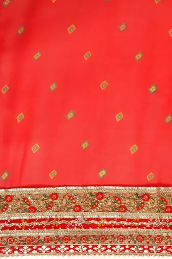 red red & yellow bandhani beads and stones half and half bandhani saree