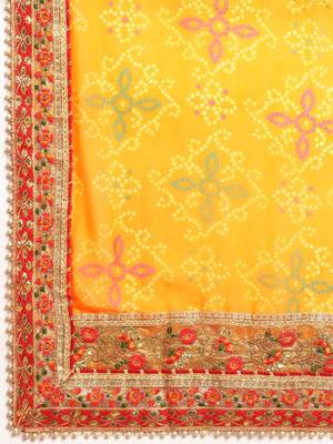 red red & yellow bandhani beads and stones half and half bandhani saree 5