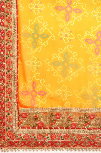 red red & yellow bandhani beads and stones half and half bandhani saree