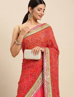 Pink pink & red bandhani gotta patti half and half bandhani saree 1