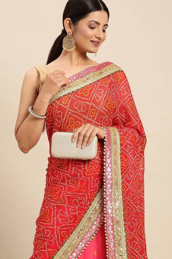 Pink pink & red bandhani gotta patti half and half bandhani saree