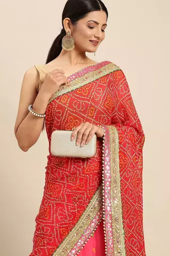 Pink pink & red bandhani gotta patti half and half bandhani saree