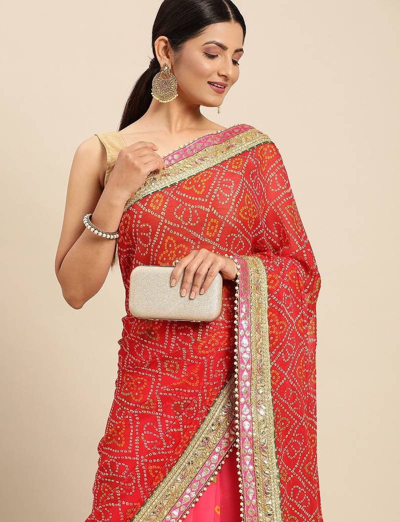Pink pink & red bandhani gotta patti half and half bandhani saree