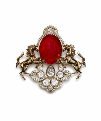 Gold plated red stone horse motif brooch 2