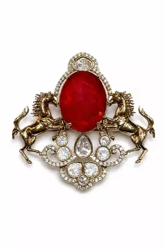 Gold plated red stone horse motif brooch